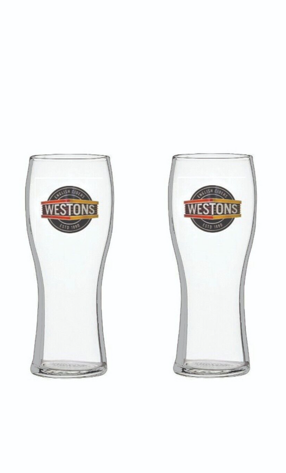 WESTONS  UK CIDER  2 x PINT GLASSES 585ml  BNWOB  UK MAN CAVE