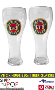 VB Victoria Bitter 2 x 1 litre Huge Schooner Beer Glasses BNWOB MAN CAVE AUSSIE