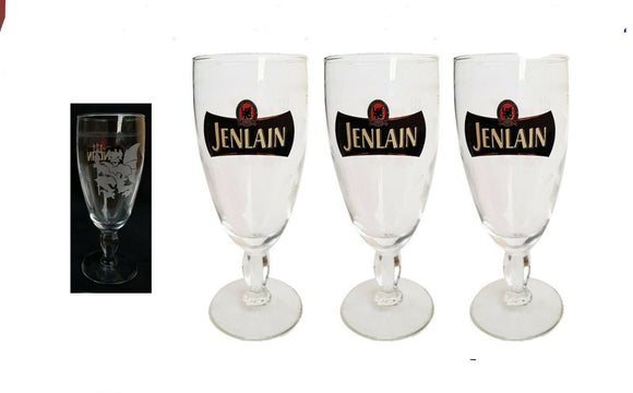 JENLAIN 3 x BEER GLASS LONG CHALICES WITH ETCHED DEMON BNWOB FRANCE MAN CAVE