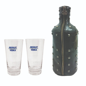 ABSOLUT VODKA 2 x GLASSES 380ml + LEATHER STUDDED BOTTLE BAG  750ml BNWOT