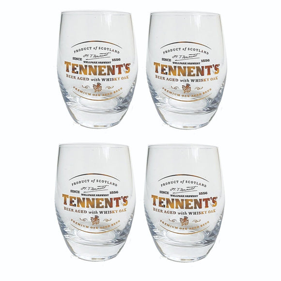 Tennent's Whisky Oak Beer  4 x Beer Glasses 300ml Gold Leaf Man Cave Scotland