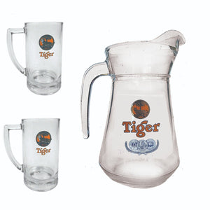 TIGER BEER SINGAPOREAN 2 x Embossed Beer Tankard Glasses+ 1.25 Litre Jug Vinatge