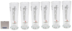 BECKS 6 x TALL FAT STANGE BEER GLASSES PINT 650/500ml BNWOB MAN CAVE GERMANY