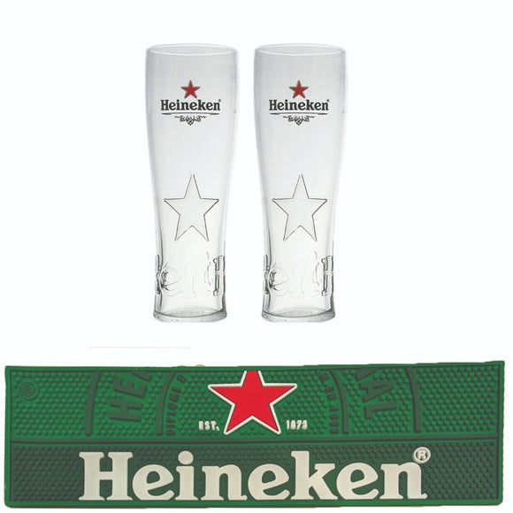 Heineken 2 x Embossed Star Pilsner Beer Glasses 600mls + 3D RUBBER BAR MAT BNWOB
