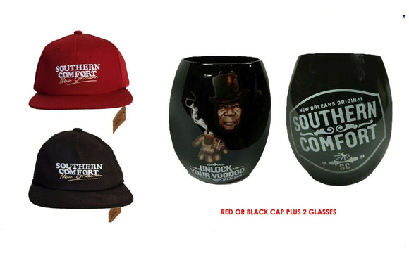 SOUTHERN COMFORT 2 x UNLOCK YOUR  VOODOO BLACK TUMBLERS +1 BARNEY COOLS CAP BNWT